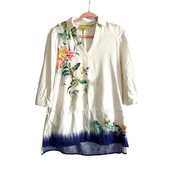 Maeve ANTHROPOLOGIE Watercolor Printed Tunic Top Floral Bird Pockets Linen Sz XS - Picture 2 of 6